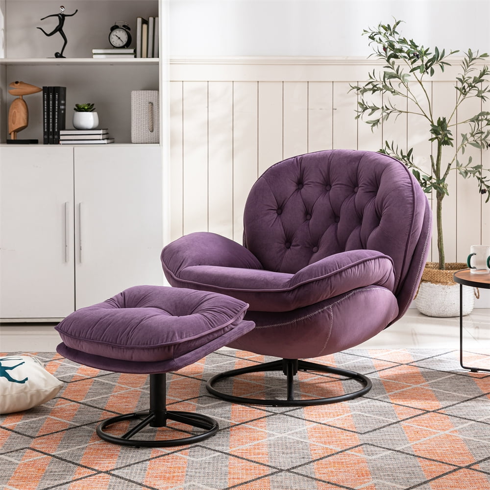 Velvet Swivel Accent Chair with Ottoman Set Modern Lounge Chair with Metal Base Frame and Footrest Comfy Armchair with 360 Degree Swiveling for Living Room Reading Room and Home Office Purple