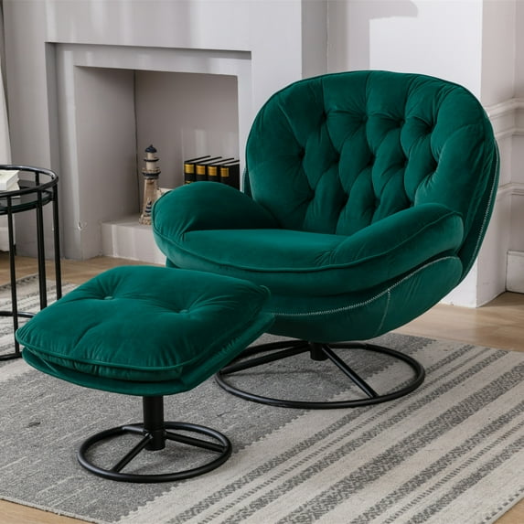 Velvet Swivel Accent Chair with Ottoman Set, Modern Tufted Armchair with Footrest for Living Room, Reading TV Chairs for Adults, Comfy Chaise Lounge Chairs for Bedroom, Green