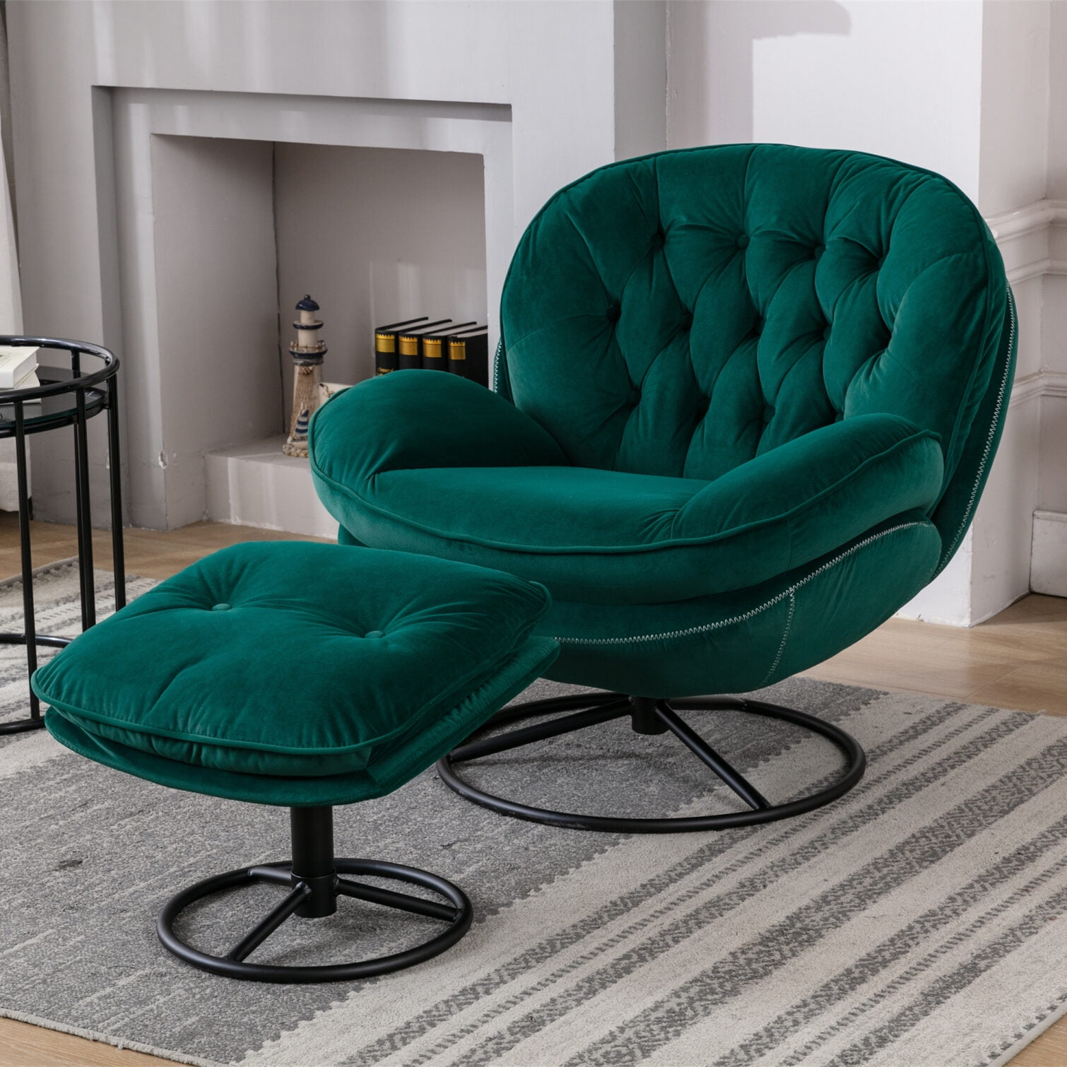 Velvet Swivel Accent Chair with Ottoman Set, Modern Tufted