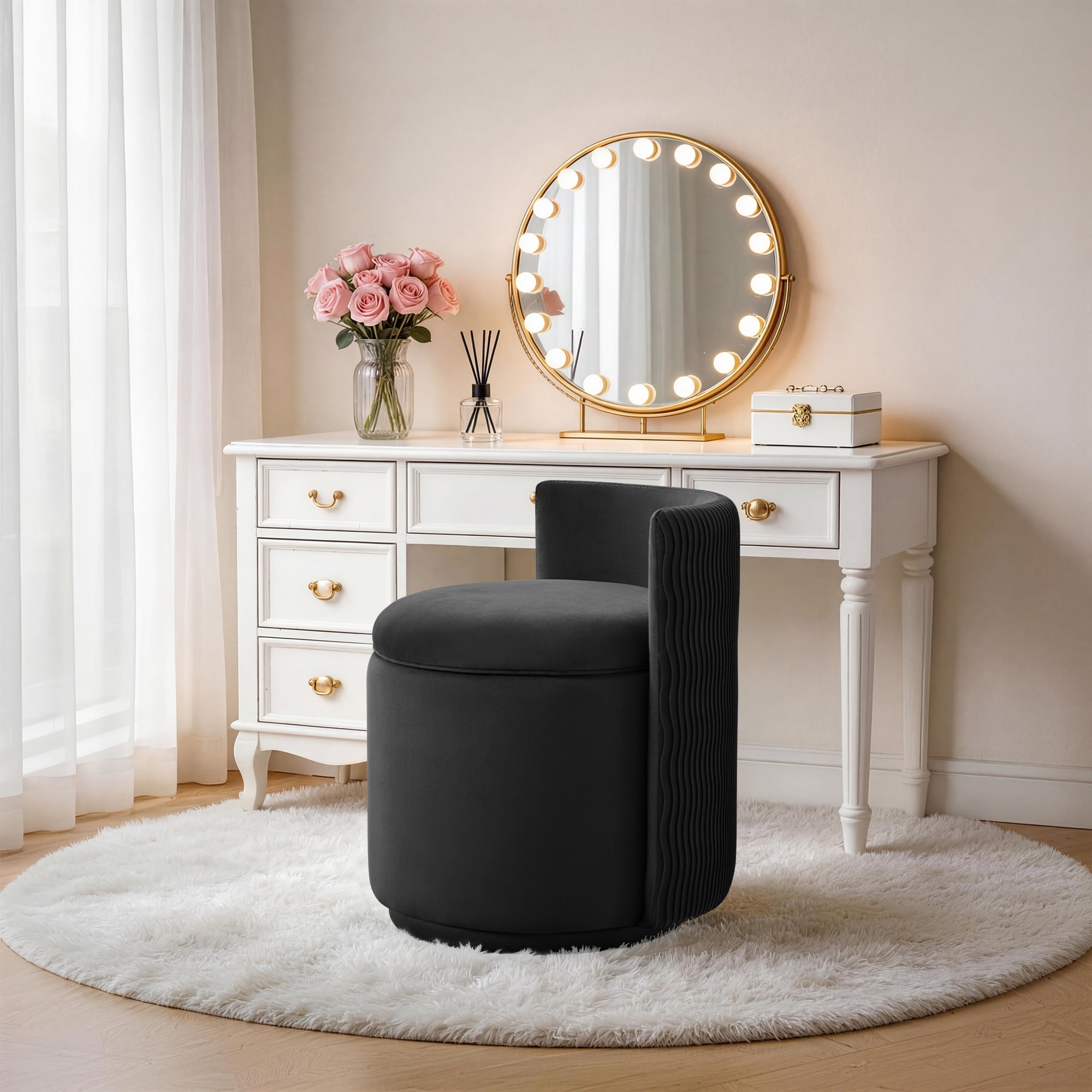 dressing table chair grey velvet Swivel Accent with Storage, 360° Vanity Makeup Chair with Wave Back, No Assembly Comfy Single Sofa Chair, Small Accent Stool for Bedroom, Dressing, Living Room, White Men-Shirt-Sizechart