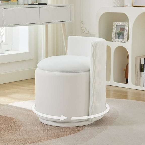Velvet Swivel Accent Chair with Storage, 360° Vanity Makeup Chair with Wave Back, No Assembly Comfy Single Sofa Chair, Small Accent Stool for Bedroom, Dressing, Living Room, White