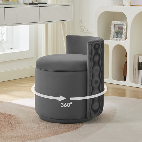 Velvet Swivel Accent Chair with Storage, 360° Vanity Makeup Chair with Wave Back, No Assembly Comfy Single Sofa Chair, Small Accent Stool for Bedroom, Dressing, Living Room, Grey