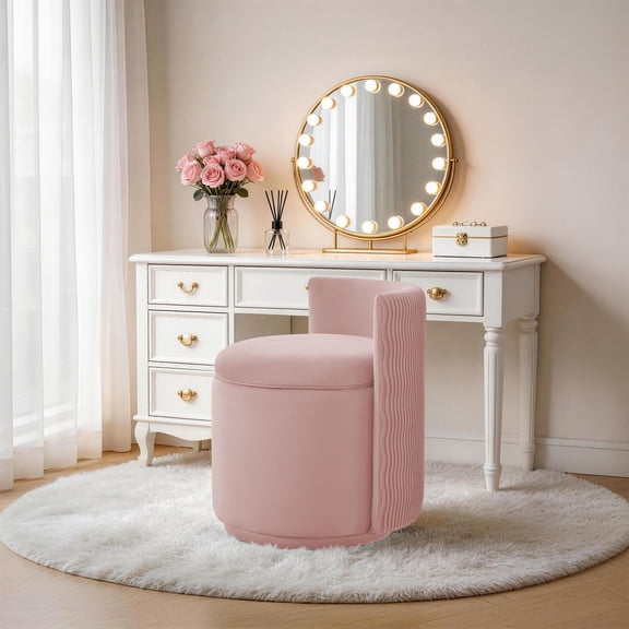 Velvet Swivel Accent Chair with Storage, 360° Vanity Makeup Chair with Wave Back, No Assembly Comfy Single Sofa Chair, Small Accent Stool for Bedroom, Dressing, Living Room, White