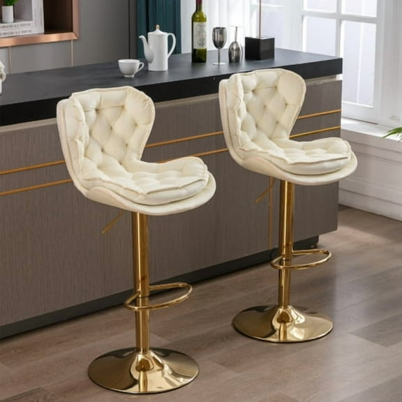 Velvet Swivel Bar Stools Set of 2, Adjustable Height Dining Chairs with Padded Seat Cushion and Back, Upholstered Accent Chairs with Gold Metal Base,for Kitchen Island,Cafe,Bar