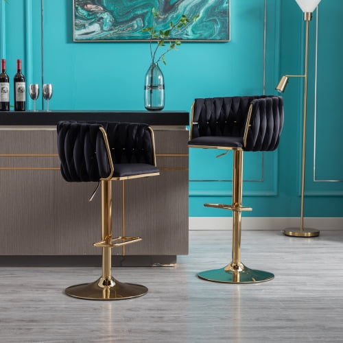 Velvet Swivel Bar Stools Set of 2 with Hand Woven Backrest, Adjustable Counter Height Bar Chairs with Chrome Footrest and Base,Kitchen Island Side Chair with Barrel Back for Kitchen Dining Room
