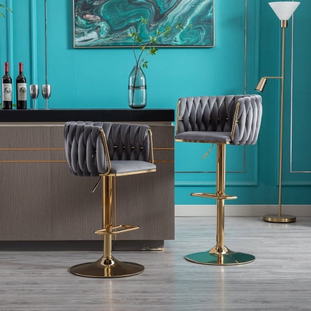 Velvet Swivel Bar Stools Set of 2 with Hand Woven Backrest