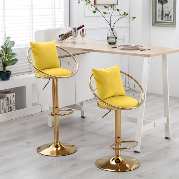 Velvet Bar Chair Set of 2, Pure Gold Plated Dining Room Chairs with Golden Metal Leg, 360 Degree Rotation Adjustable Height Kitchen Chairs, Suitable for Dinning Room and Bar, Yellow