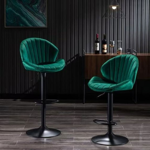 Set of 2 Velvet Adjustable Bar Stools, Swivel Chair with Back and Footrest, Counter Height Bar Chairs for Home, Kitchen, Pub, Green