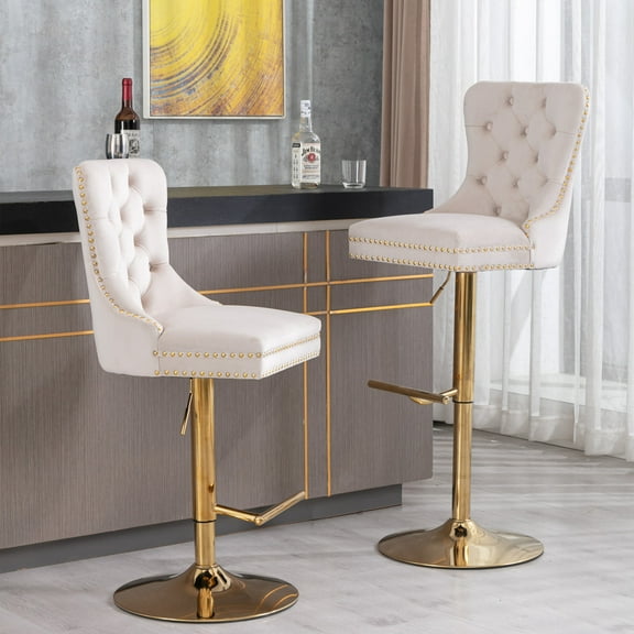 Velvet Swivel Bar Stools Set of 2,Modern Upholstered Barstools with Tufted Backs Counter Height Bar Stools Adjusatble Seat Height from 27-35 Inch for Home Pub and Kitchen Island (Beige)