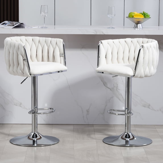 Velvet Swivel Bar Stools Set of 2, Adjustable Height 30-35 Inch, 360° Swivel, Metal Frame & Silver Base, Anti-Skid, Beige