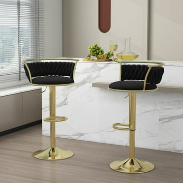 Velvet Swivel Bar Stools Set of 2 High Back Adjustable Bar Chairs with Golden Footrest for Kitchen Counter Square Island, Black