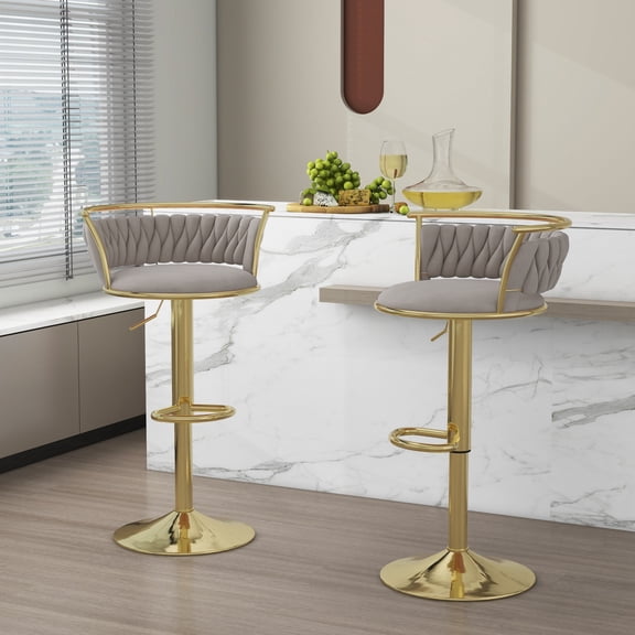 Velvet Swivel Bar Stools Set of 2 High Back Adjustable Bar Chairs with Golden Footrest for Kitchen Counter Square Island,Gray