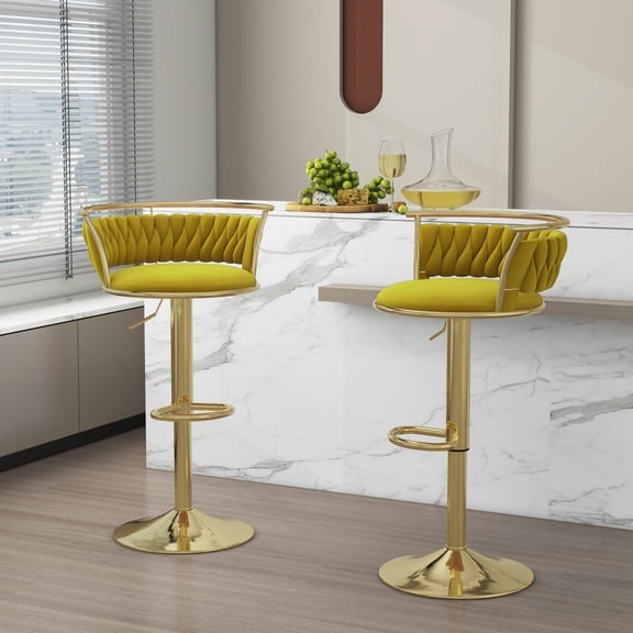 Velvet Swivel Bar Stools Set of 2 High Back Adjustable Bar Chairs with Golden Footrest for Kitchen Counter Square Island, Olive Drab