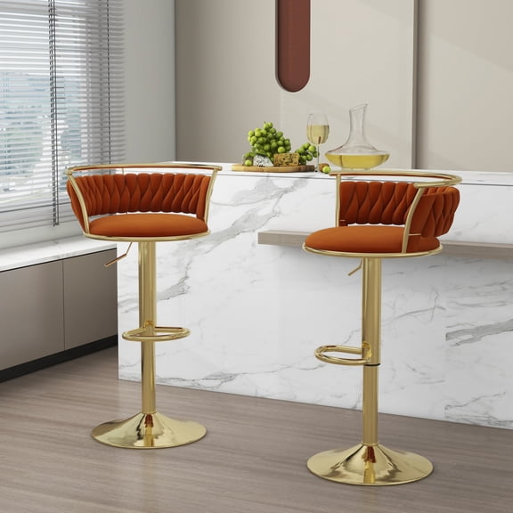 Velvet Swivel Bar Stools Set of 2 High Back Adjustable Bar Chairs with Golden Footrest for Kitchen Counter Square Island, Orange