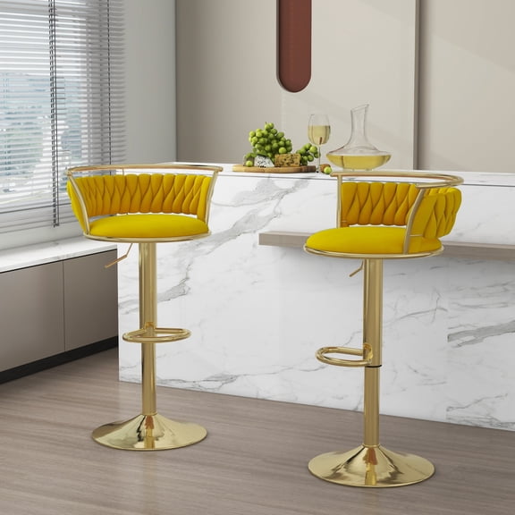 Velvet Swivel Bar Stools Set of 2 High Back Adjustable Bar Chairs with Golden Footrest for Kitchen Counter Square Island, Yellow