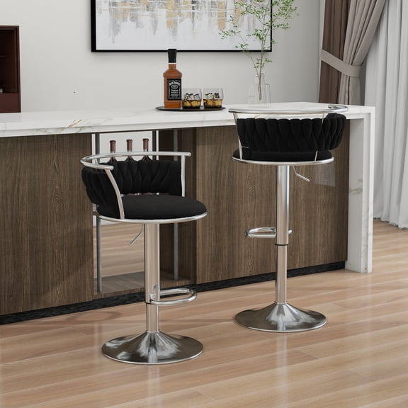 Velvet Swivel Bar Stools Set of 2 High Back Adjustable Bar Chairs with Silver Footrest for Kitchen Counter Square Island, Black
