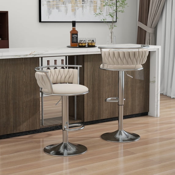 Velvet Swivel Bar Stools Set of 2 High Back Adjustable Bar Chairs with Silver Footrest for Kitchen Counter Square Island, Ivory