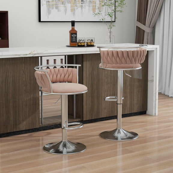 Velvet Swivel Bar Stools Set of 2 High Back Adjustable Bar Chairs with Silver Footrest for Kitchen Counter Square Island,Pink