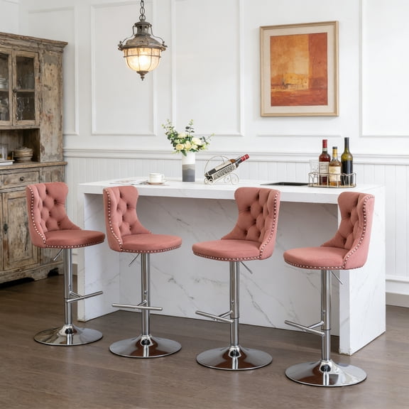 Velvet Swivel Bar Stools Set of 4, Adjustable Height 25-33 Inch, Tufted Chrome Base