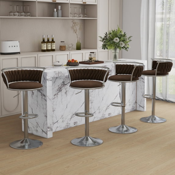 Velvet Swivel Bar Stools Set of 4 High Back Adjustable Bar Chairs with Silver Footrest for Kitchen Counter Square Island, Coffee