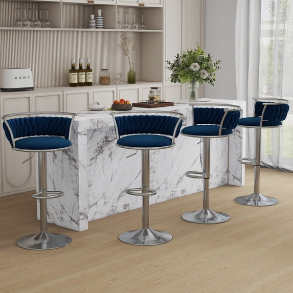 Velvet Swivel Bar Stools Set of 4 High Back Adjustable Bar Chairs with Silver Footrest for Kitchen Counter Square Island, Navy Blue