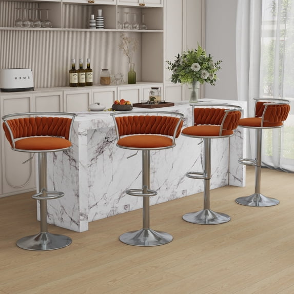 Velvet Swivel Bar Stools Set of 4 High Back Adjustable Bar Chairs with Silver Footrest for Kitchen Counter Square Island, Orange