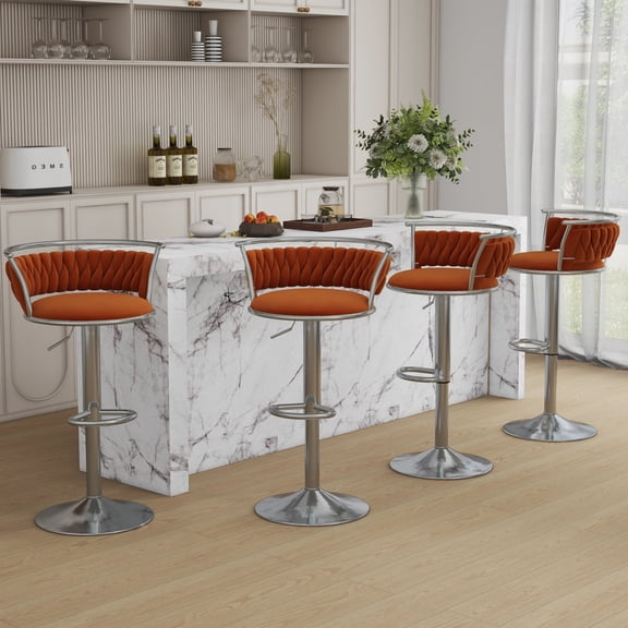 Velvet Swivel Bar Stools Set of 4 High Back Adjustable Bar Chairs with Silver Footrest for Kitchen Counter Square Island, Orange