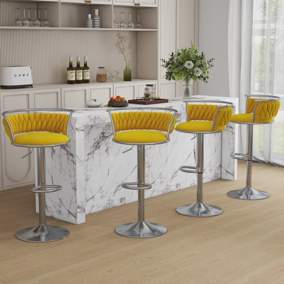 Velvet Swivel Bar Stools Set of 4 High Back Adjustable Bar Chairs with Silver Footrest for Kitchen Counter Square Island, Yellow