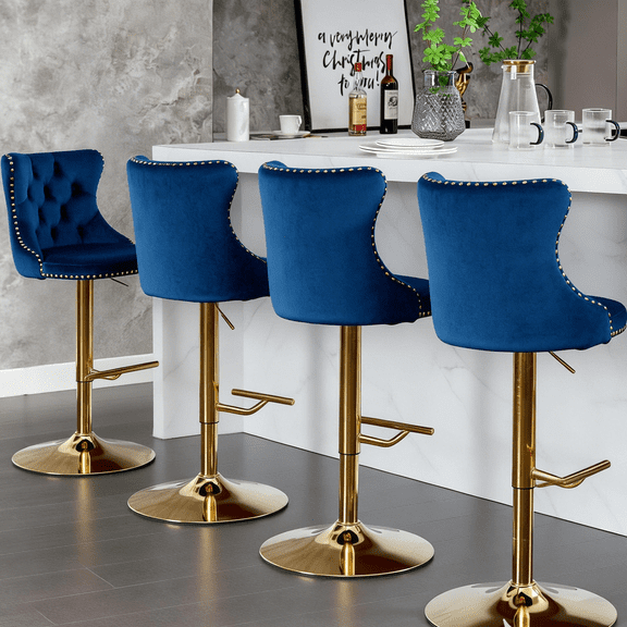 Velvet Swivel Bar Stools with Gold Base, Set of 4 Adjustable Tufted Kitchen Island Chairs