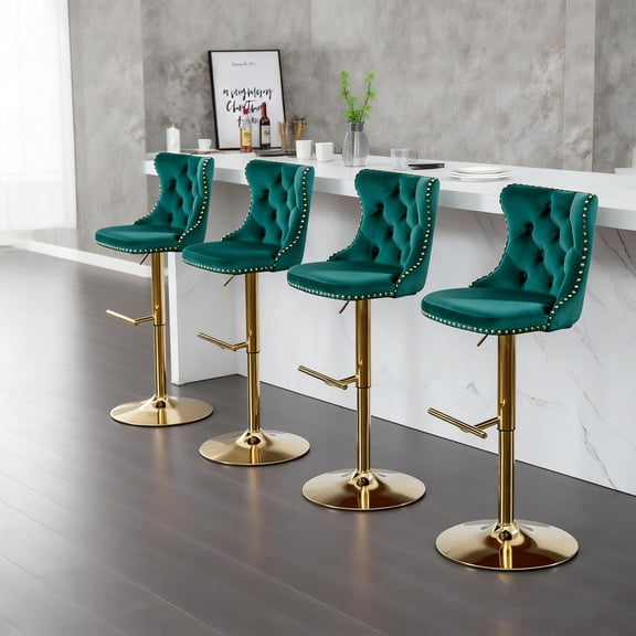 Velvet Swivel Bar Stools with Gold Base, Set of 4 Adjustable Tufted Kitchen Island Chairs