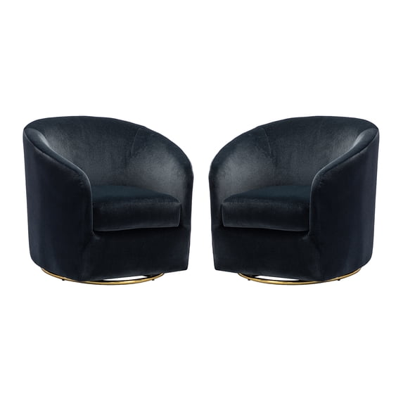 Velvet Swivel Barrel Chair Set of 2 Wood Frame Metal Base Upholstered Club Accent Armchair Black