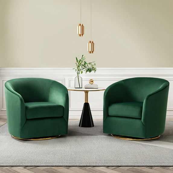 Tina's Home Velvet Swivel Barrel Chair Set of 2 Wood Frame Metal Base Upholstered Club Accent Armchair Green