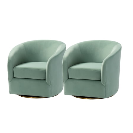 Velvet Swivel Barrel Chair Set of 2 Wood Frame Metal Base Upholstered Club Accent Armchair Sage