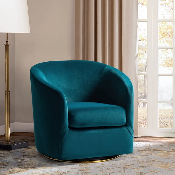 Velvet Swivel Barrel Chair Wood Frame Metal Base Upholstered Club Accent Armchair Teal
