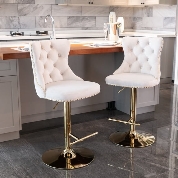 Velvet Swivel Barstools, Counter Height Dining Chairs with Adjustable Seat Height and Tufted Back, Upholstered Bar Chairs with Nailhead Trim for Home Pub and Kitchen Island, Set of 2, Beige
