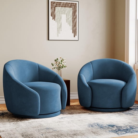 Velvet Swivel Chair Set of 2 Living Room Modern Swivel Barrel Chair Indoor Chair, Comfy Round Swivel Accent Armchair, Blue