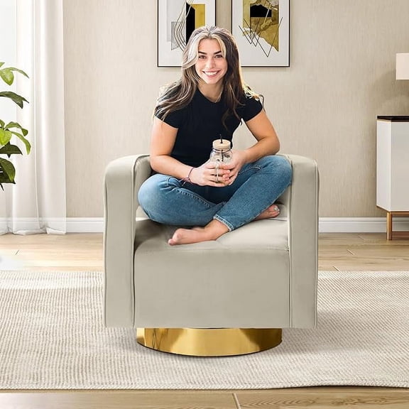 Velvet Swivel Club Chair Accent Barrel Tub 3D Curved Open Back Gold Metal Base Bedroom Home Living Room Tan