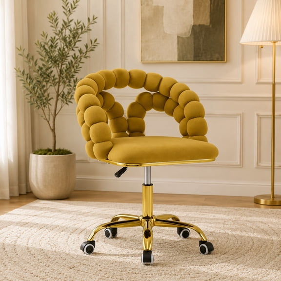 Velvet Swivel Desk Chair 35 Inch Bubble Back Gold Base Yellow for Office Bedroom