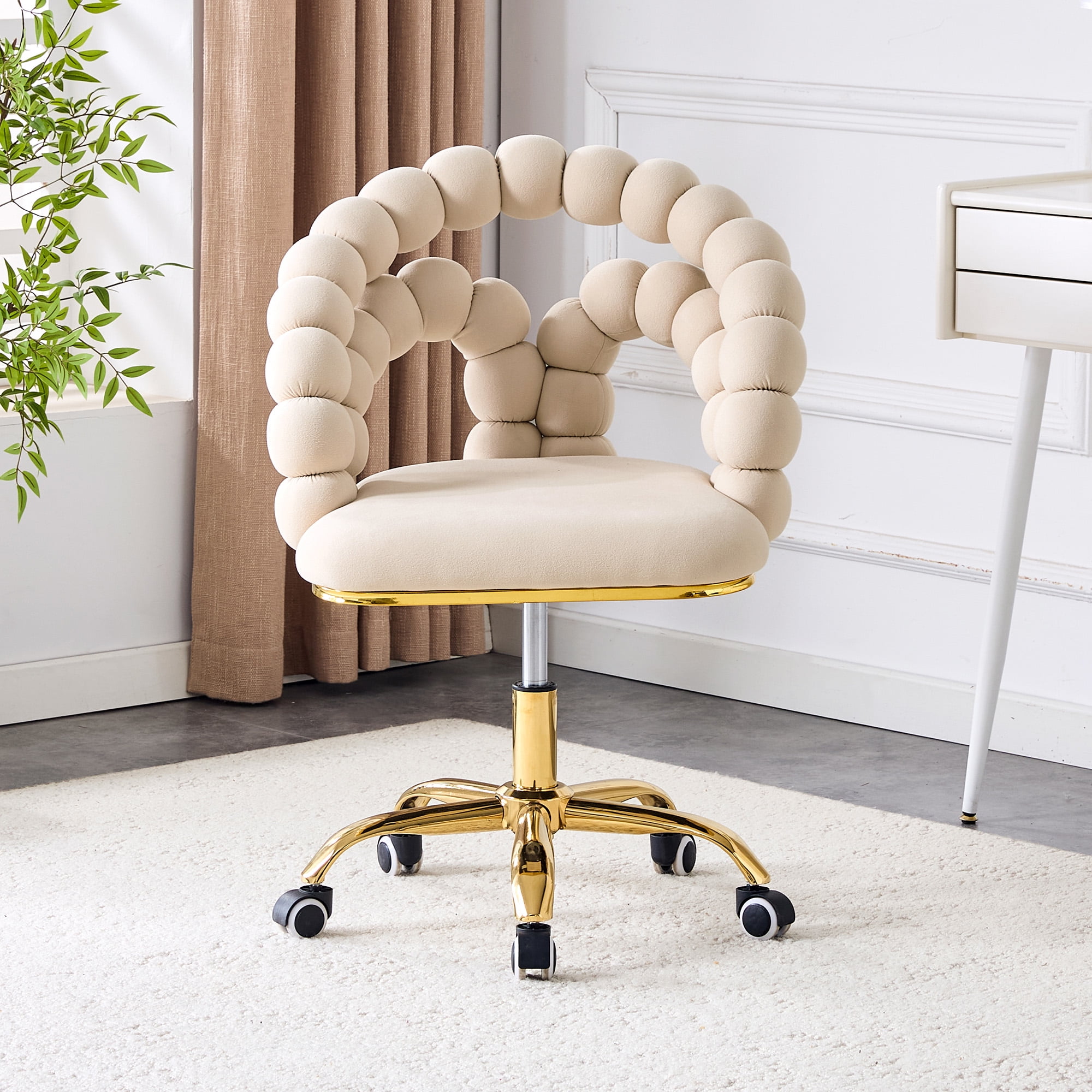 Velvet Swivel Desk Chair with Wheels, Comfortable Adjustable Height Vanity Chair, Bubble Back Computer Task Chair Beige Computer Desk Chair