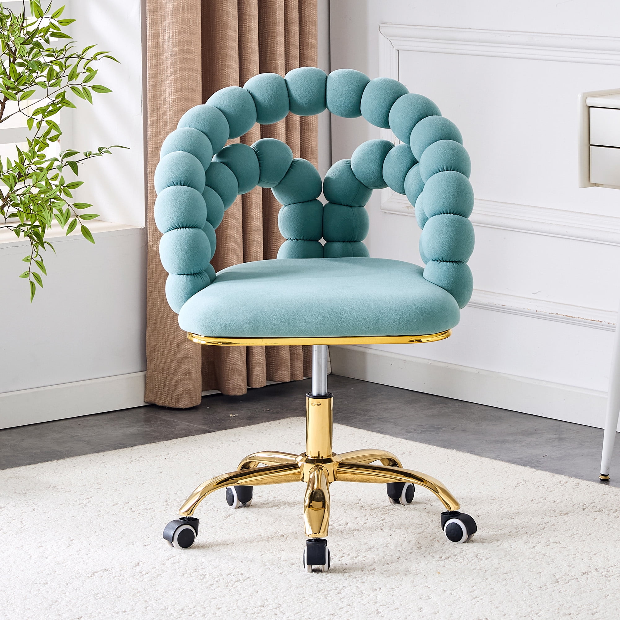 Velvet Swivel Desk Chair with Wheels, Comfortable Adjustable Height Vanity Chair, Bubble Back Computer Task Chair blue Computer Desk Chair