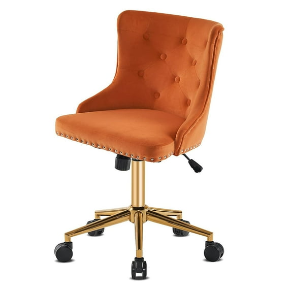 Velvet Swivel Home Office Chair, Upholstered Bedroom Desk Chair, Tufted Modern Armless Chairs with Wheels and Soft Back for Study Room, Office, Burnt Orange