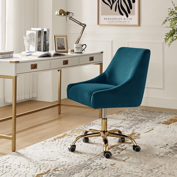 Velvet Swivel Home Office Chair with 360 Swivel Base, Height Adjustable Computer Desk Chair Metal Base Living Room, Teal