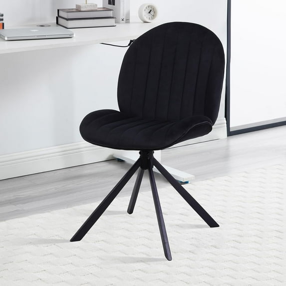 Velvet Swivel Office Chair No Wheels, Small Comfy Mid Century Armless Desk Chair, Cute Swivel Vanity Chair No Wheels for Small Spaces, Bedroom,Living Room,Home Office, Black