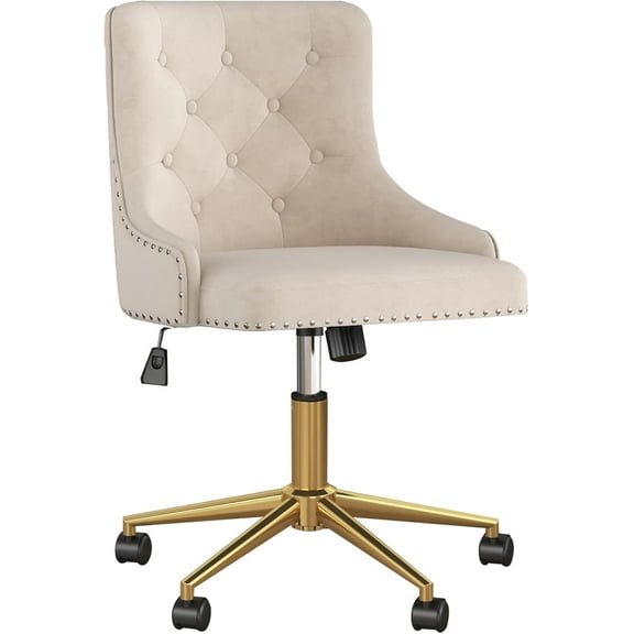 Velvet Swivel Office Desk Chair with Wheels, Height Adjustable Task Chair with Gold Base, Upholstery Makeup Vanity Chair with Button Tufted Back for Teens Women Girls, Beige
