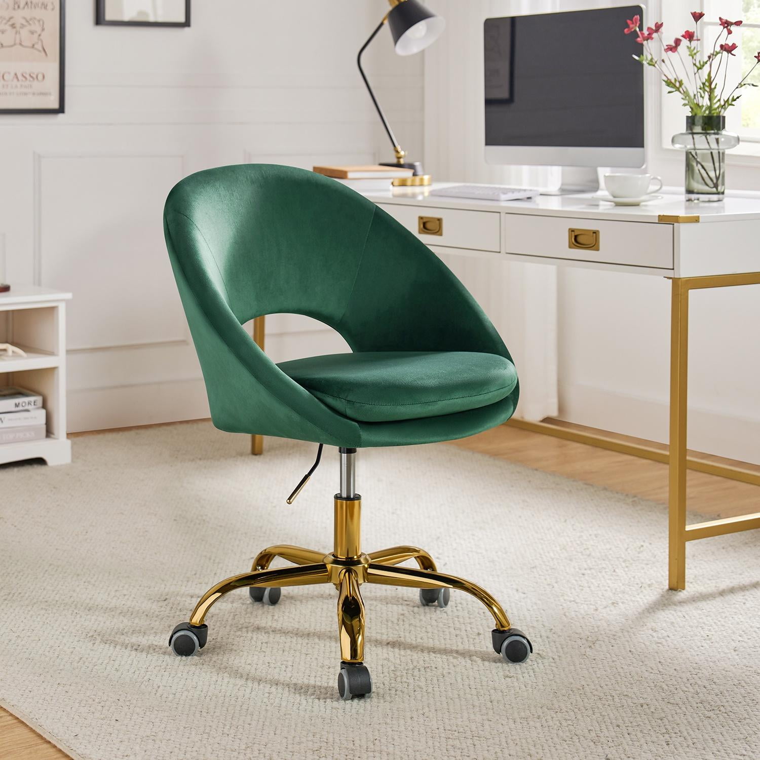 Ergonomic Green Velvet Swivel Task Chair with Metal Base