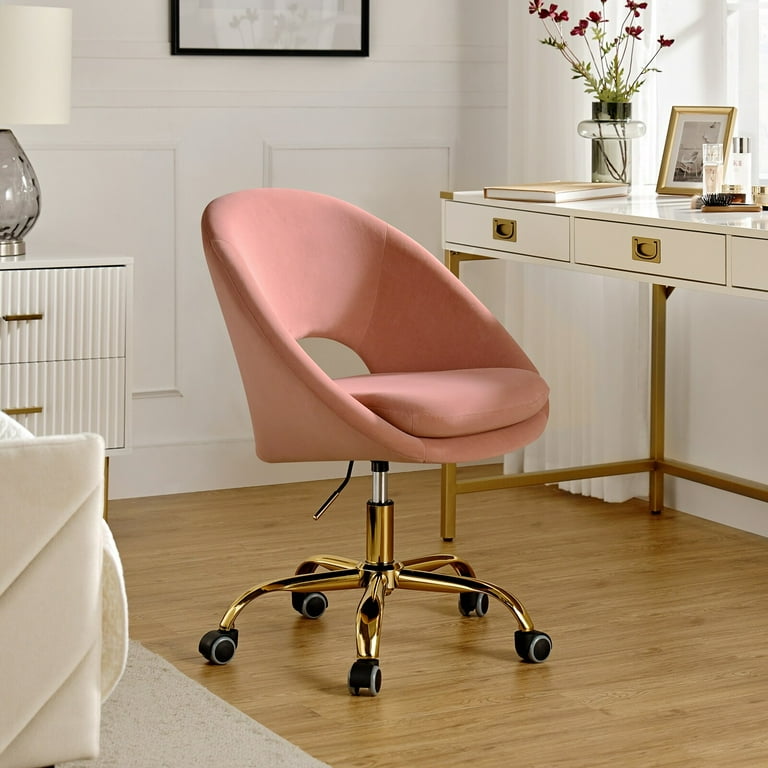 HULALA HOME Ramona Modern Velvet Height Adjustable 360 Swivel Task Chair with Metal Base by Pink