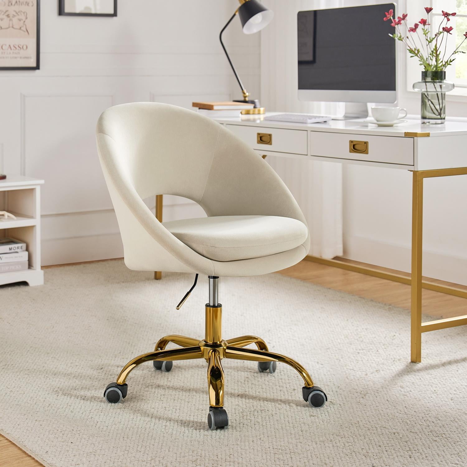 ErgoSwivel Tan Velvet Task Chair with Metal Base and Pine Accents