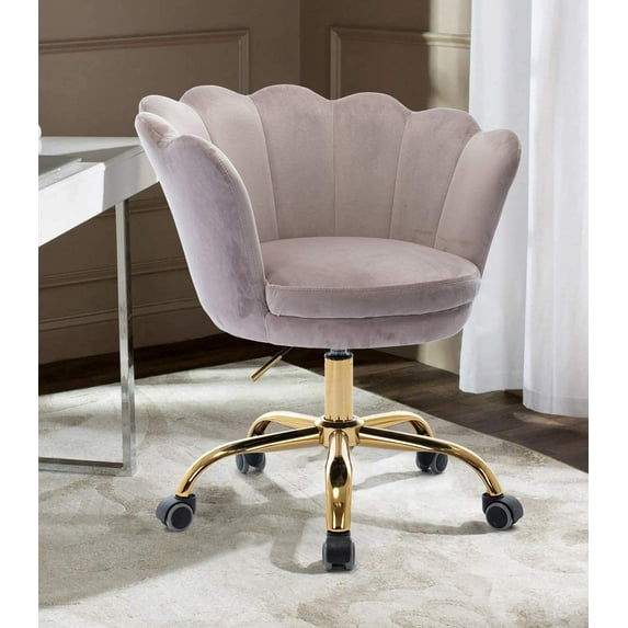Velvet Swivel Shell Chair Leisure Velvet Accent Chair with Golden feet Base Ergonomic Computer Desk Chair Task Chair Wheels Adjustable Swivel, Gray