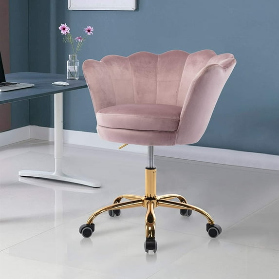 Velvet Swivel Shell Chair Leisure Velvet Accent Chair with Golden feet Base Ergonomic Computer Desk Chair Task Chair Wheels Adjustable Swivel, Pink