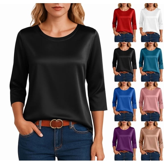 Velvet T Shirts Women Casual Crew Neck Basic Tops Fall 3/4 Sleeve Casual Loose Blouse Fashion Clothes Black XL